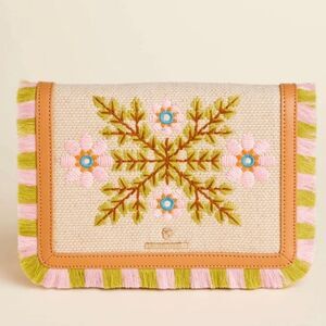 Spartina 449 Embroidered Floral Fringe Boho Clutch Crossbody Bag Multicolor NWT